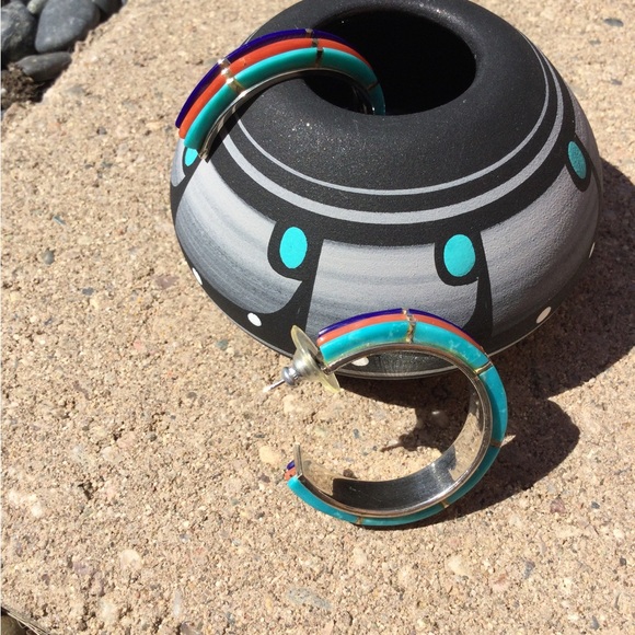 Vintage Native American - Turquoise, Coral & Lapis - Hoop Earrings - Picture 9 of 16